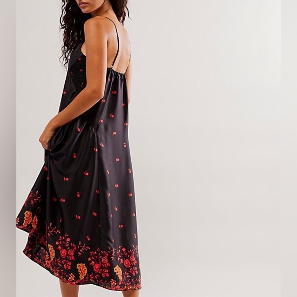 Free People Black Midi Dress with Red Floral Pattern